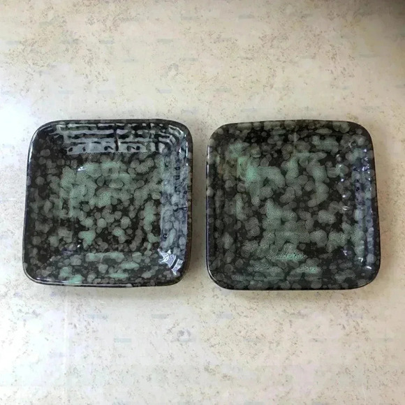 Set of 2 Square Spotted Ceramic Dish,Vintage Browns And Greens - Picture 1 of 4